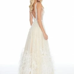 Ashleylauren Ashley Lauren 1902 A Line Feather Skirt Prom Dress V Neckline