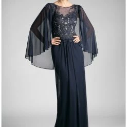 In Stock CD 0001 Size 10 Burgundy Long Mother Of Chiffon Formal Dress Draped Cape Sleeve Lace