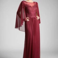 In Stock CD 0001 Size 10 Burgundy Long Mother Of Chiffon Formal Dress Draped Cape Sleeve Lace
