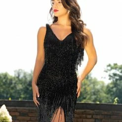 Discontinued Fringe & Tassels Primavera Couture 3031 Long Fringe Embellished Prom Dress Evening Gown Formal Dress