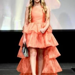 In Stock Marc Defang 5027 Girls Size 14 High Neck Ruffle High Low Detachable Skirt Pageant Dress