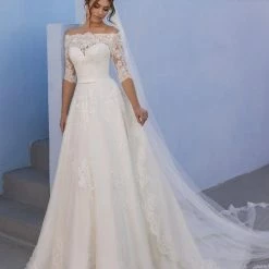 In Stock White One OSSA Size 28 Sheer Lace Off The Shoulder Wedding Dress Sleeves Ballgown Ballgown Dresses