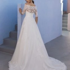 In Stock White One OSSA Size 28 Sheer Lace Off The Shoulder Wedding Dress Sleeves Ballgown Ballgown Dresses