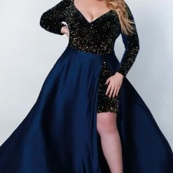 Johnathan Kayne For Sydney's Closet JK2217 Plus Sized Romper Long Sleeves Overskirt JK 2217 Sequin Dresses