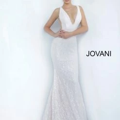 In Stock Jovani JVN65547 Long Lace Sequin Prom Dress V Neckline Mermaid Pageant Gown Formal JVN 65547 Size 4 Sky Blue