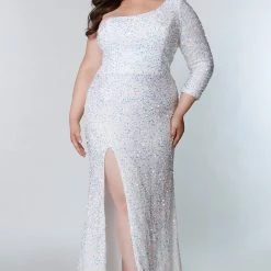 Long Sleeve Dresses Sydney's Closet SC7319 One Long Sleeve Prom Dress Fitted Plus Sized With Slit SC 7319