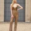 In Stock Backless Dresses Primavera Couture 3608 Size 4 Copper Sequin Jumpsuit Formal Cut Glass V Neck Pant