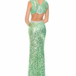 In Stock CLEARANCE Precious Formals 9215 Light Lime Size 4 Sequin Gown Prom Dress Slit Cutout Formal