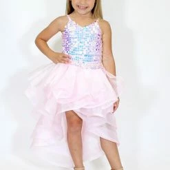 Marc Defang 5002 High Low Sequin Girls Pageant Romper Layered Detachable Overskirt