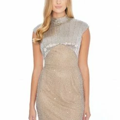 Ashleylauren Ashley Lauren 4331 Cap Sleeve High Neck Liquid Beading Cocktail Dress