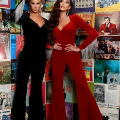 Backless Dresses Johnathan Kayne 2419 Long Velvet Jumpsuit Crystal Fringe Long Sleeve Backless Pageant