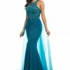 In Stock Mermaid Dresses Johnathan Kayne 9071 Long Iridescent Pageant Dress Overskirt Mermaid Gown Teal Size 0, 2