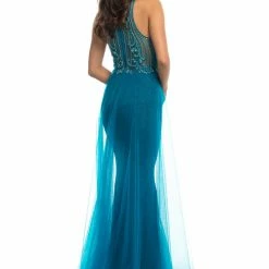 In Stock Mermaid Dresses Johnathan Kayne 9071 Long Iridescent Pageant Dress Overskirt Mermaid Gown Teal Size 0, 2