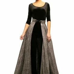 In Stock Johnathan Kayne 9229 Size 6 Black Long Velvet Jumpsuit Iridescent Overskirt Detach