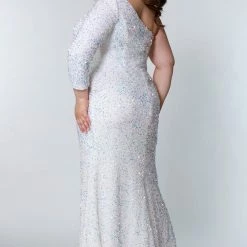 Long Sleeve Dresses Sydney's Closet SC7319 One Long Sleeve Prom Dress Fitted Plus Sized With Slit SC 7319