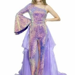 Marc Defang 8004 Sequin Bell Sleeve Pageant Jumpsuit Overskirt Fun Fashion