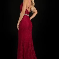 Nina Canacci 2295 Plunging Neckline Lace Prom Dress Embellished Belt