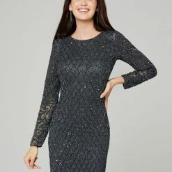 Discontinued Primavera Couture 3361 Evening Gown Long Sleeves Fitted Beaded Long Formal Dress