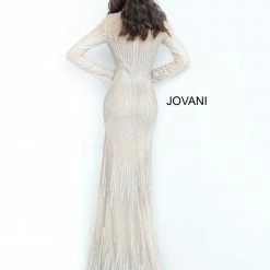 Discontinued Jovani 3601 Boat Neckline Nude Long Sleeve Fitted Evening Gown Long Sleeve Dresses