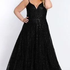 In Stock Sydney's Closet SC7286 Size 20 V Neckline Glitter Prom Dress Plus Size Emerald Green SC 7286