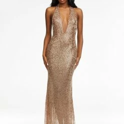 Ashleylauren Ashley Lauren 11186 Plunging Halter Vermicelli Evening Gown