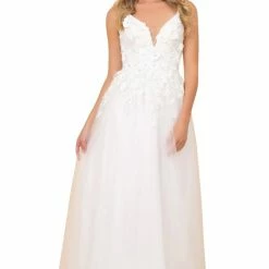 Nox Anabel R346 A Line 3D Floral Lace Wedding Dress V Neck Bridal Gown