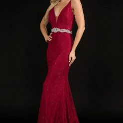 Nina Canacci 2295 Plunging Neckline Lace Prom Dress Embellished Belt
