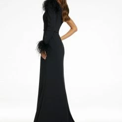 Ashleylauren Ashley Lauren 11131 One Shoulder Scuba Gown With Feather Details On Shoulder And Sleeve