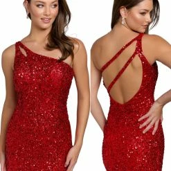 In Stock Primavera Couture 3573 Size 6 Cocktail Dress One Shoulder Double Strap Fitted Sequins Backless Backless Dresses