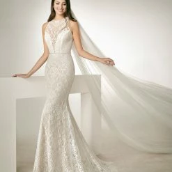 White One Bridal RAF Lace Mermaid Wedding Dress Sheer High Halter Neckline Sexy Mermaid Dresses