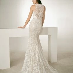 White One Bridal RAF Lace Mermaid Wedding Dress Sheer High Halter Neckline Sexy Mermaid Dresses