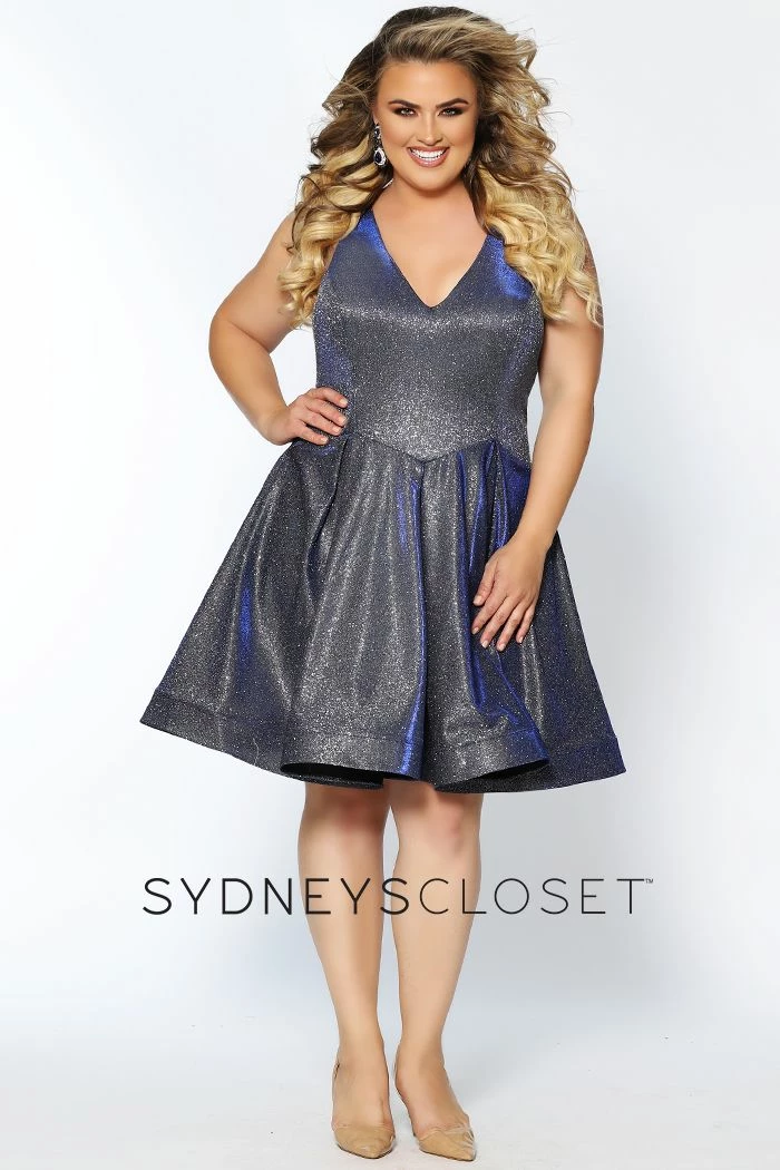 Sydney's Closet 8100 V Neckline Holographic Short Formal Cocktail Dress Plus Sized 12 Sydney's Closet 8100 V Neckline Holographic Short Formal Cocktail Dress Plus Sized