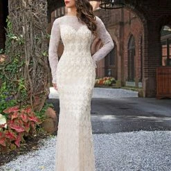 Discontinued Long Sleeve Dresses Primavera Couture 3181 Long Beaded Long Sleeve Evening Gown Sequin