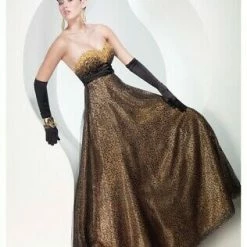 In Stock Animal Print Dresses Riva Designs 6570 Size 12 Long Animal Print Ballgown Strapless Shimmer Cheetah Dress