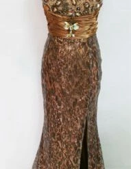 In Stock Backless Dresses Riva Designs R9412 Size 14 Animal Print Sequin Formal Dress Slit Strapless Bronze Gown
