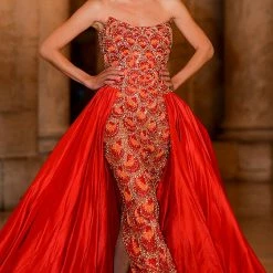 Jovani S04603 Orange Couture Pageant Dress Overskirt Beaded Gown Red Carpet Sequin Dresses