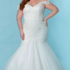 Mermaid Dresses Sydney's Closet SC5273 Tamara Wedding Dress Lace Mermaid Plus Sized Off The Shoulder SC 5273