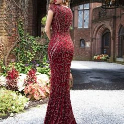 Discontinued Long Sleeve Dresses Primavera Couture 3190 Nude Beaded Evening Gown