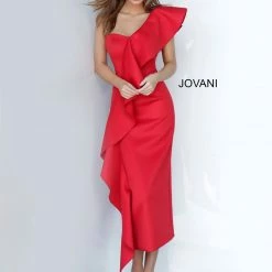 Jovani 02616 One Shoulder Ruffle Tea Length Cocktail Dress