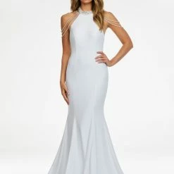 Ashleylauren Ashley Lauren 11170 High Neck Jersey Evening Gown With Beaded Shoulder Draping Mermaid Dresses