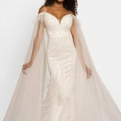 Johnathan Kayne 2173 Feather Embellished Mermaid Prom Dress Pageant Dress Cape Long