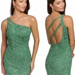 In Stock Primavera Couture 3573 Size 6 Cocktail Dress One Shoulder Double Strap Fitted Sequins Backless Backless Dresses