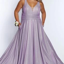 Sydney's Closet SC7324 Metallic Prom Dress A Line V Neckline Plus Sized SC 7324