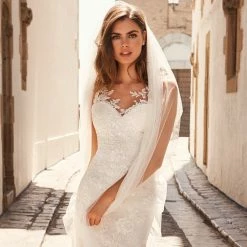 White One Bridal SIENA Pronovias Wedding Dress Lace Mermaid Sheer Sleeves Gown