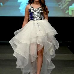 Marc Defang 5002 High Low Sequin Girls Pageant Romper Layered Detachable Overskirt