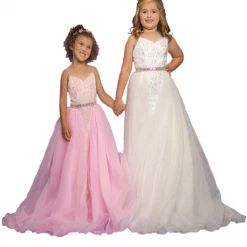 Sugar Kayne C117 Long Lace Girls V Neck Pageant Dress Organza Overskirt Gown