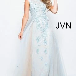 JVN By Jovani 58023 In Stock Royal 0 High Neck Prom Dress Overskirt Lace Cap Sleeve