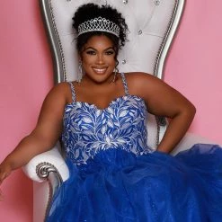 In Stock Ballgown Dresses Sydney's Closet SC7329 Size 14 Glitter And Lace Prom Dress Ball Gown Plus Sized SC 7329