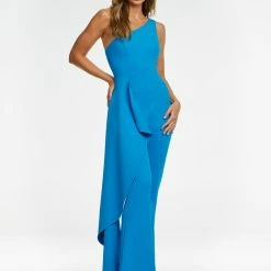 Ashleylauren Ashley Lauren 11152 One Shoulder Jumpsuit With Cascading Ruffle Detail Jumpsuits & Rompers
