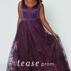 In Stock Long Sleeve Dresses Tease Prom 1952 Aubergine Size 14 Plus Sized Prom Dress V Neckline Formal Gown